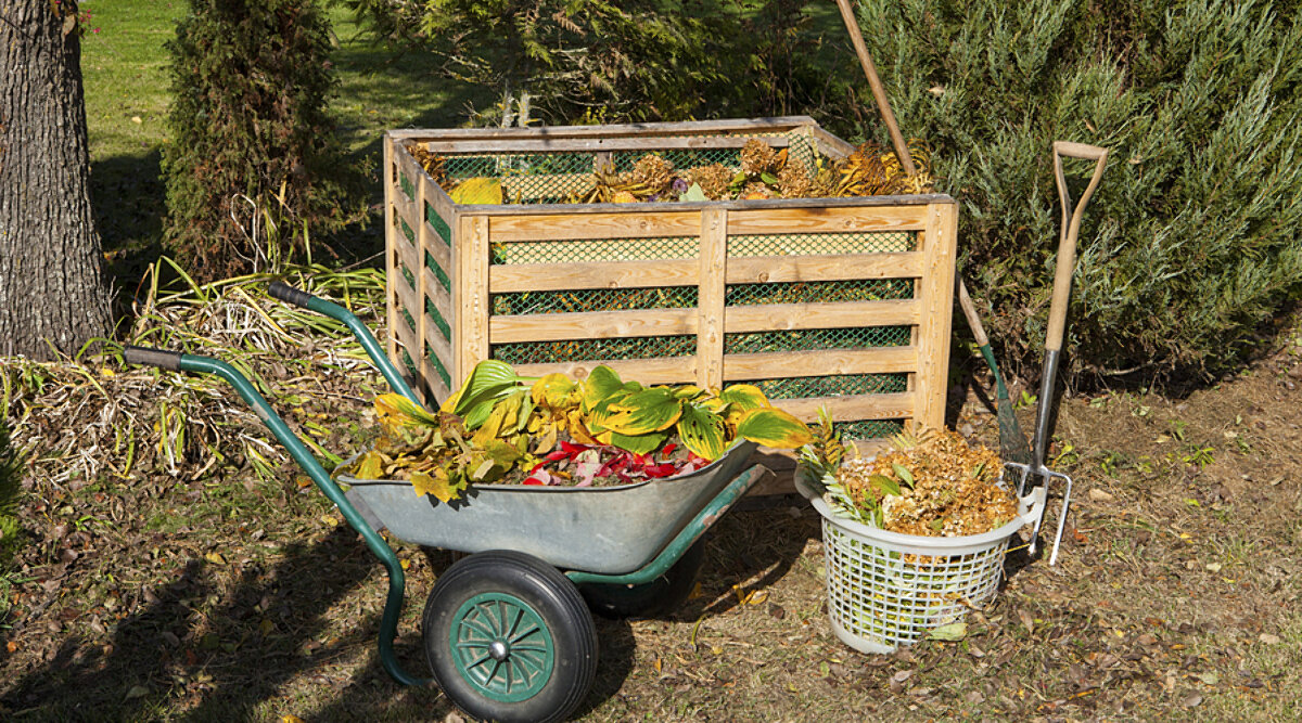 Eine Schubkarre mit organischem Material steht vor einem Komposthaufen.