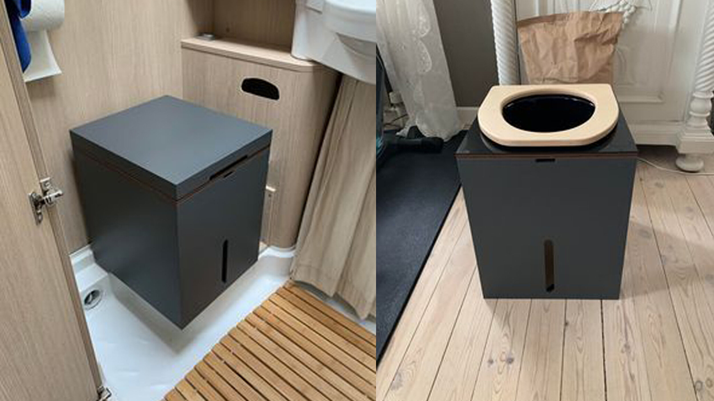 Our MiniLoo composting toilet with a black urine separator and individual paintwork