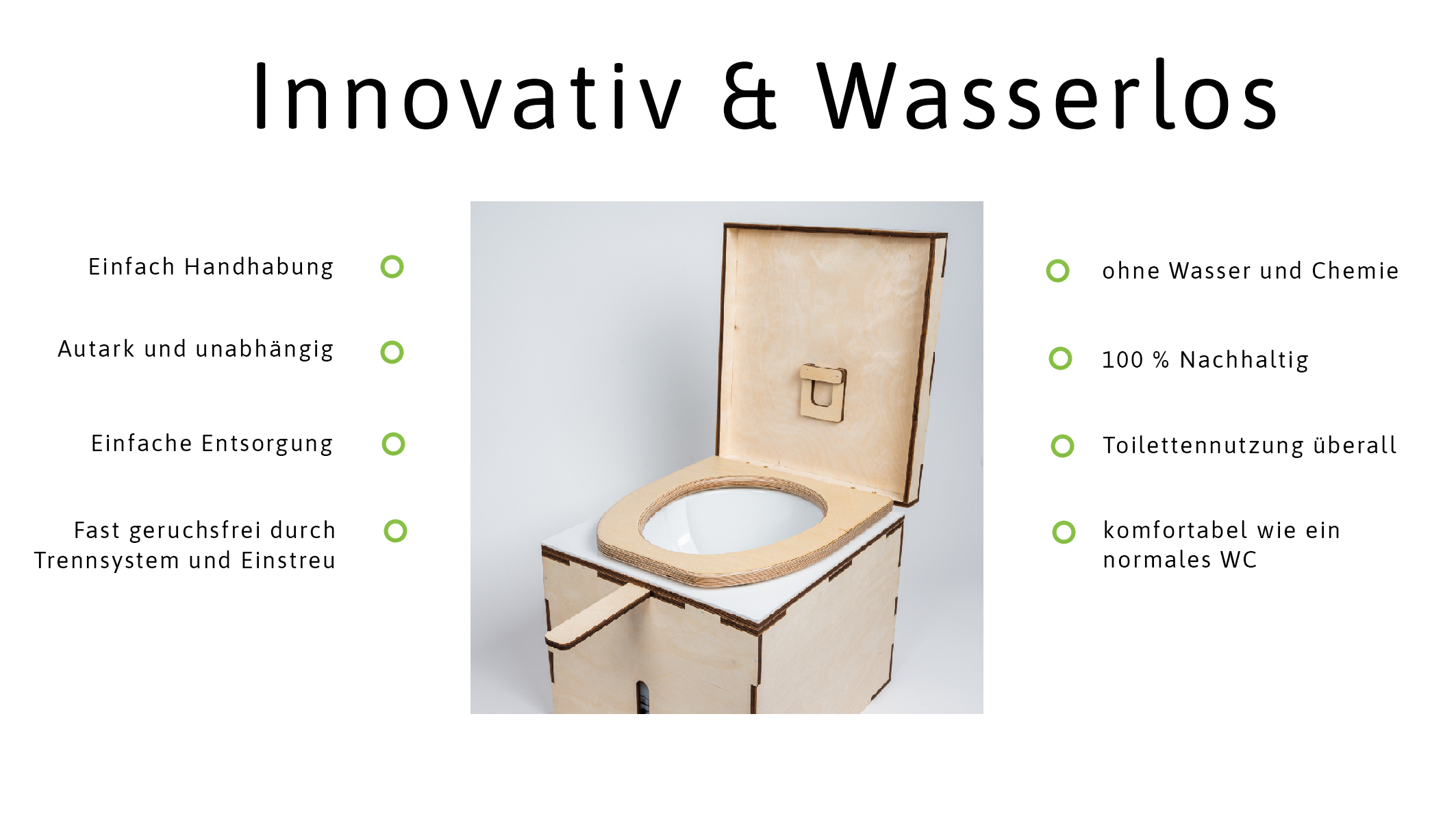 Vorteile einer wasserlosen Toilette von Kildwick: einfache Handhabung, autark und unabhängig, einfache Entsorgung, fast geruchsfrei, ohne Wasser und Chemie, 100% nachhaltig, Toilettennutzung überall und komfortabel wie ein normales WC